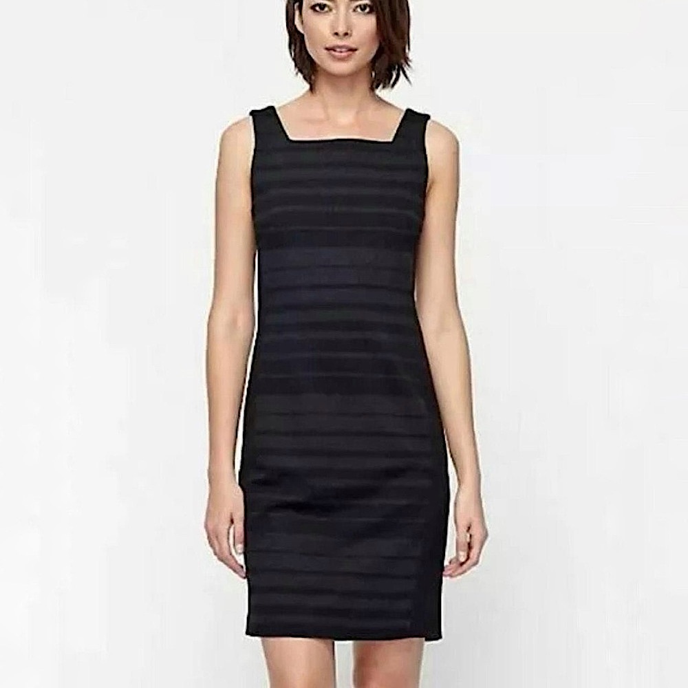 Eileen Fisher Square Neck Black Charcoal Striped Shift Midi Dress Size 8